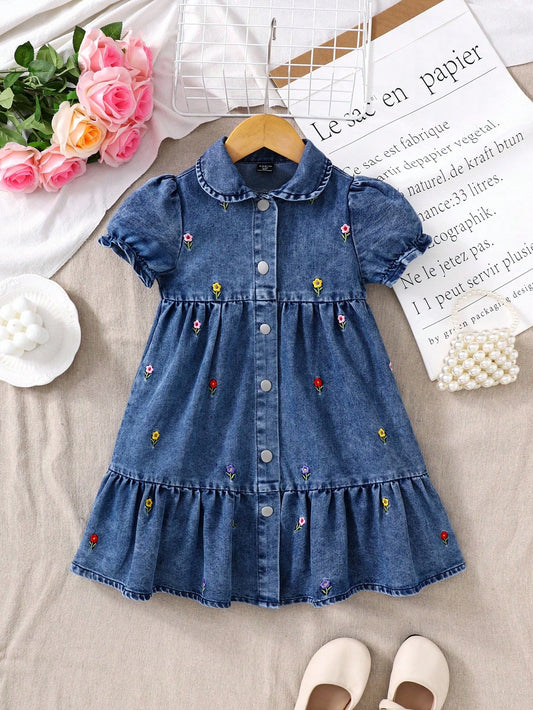 Vestido casual, lindo y de uso diario para niñas preadolescentes, de mezclilla azul claro con mangas abultadas y bordado floral