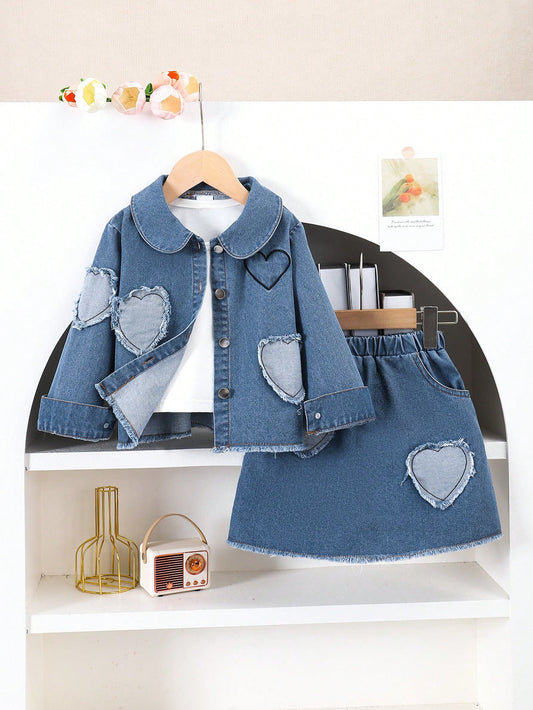Conjunto de 2 piezas de chaqueta de manga larga con cuello Peter Pan y bordado de corazón, y falda vaquera con bordado de corazón para niñas pequeñas, conjunto de atuendos casuales para otoño/invierno