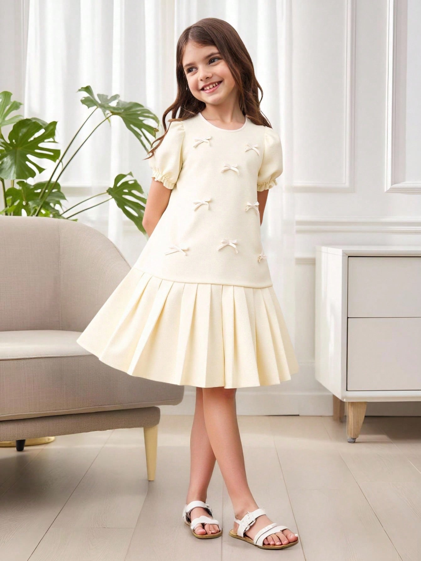 Vestido corto de manga corta con adorno de lazo de tela con textura, falda plisada elegante y lindo, para primavera/verano