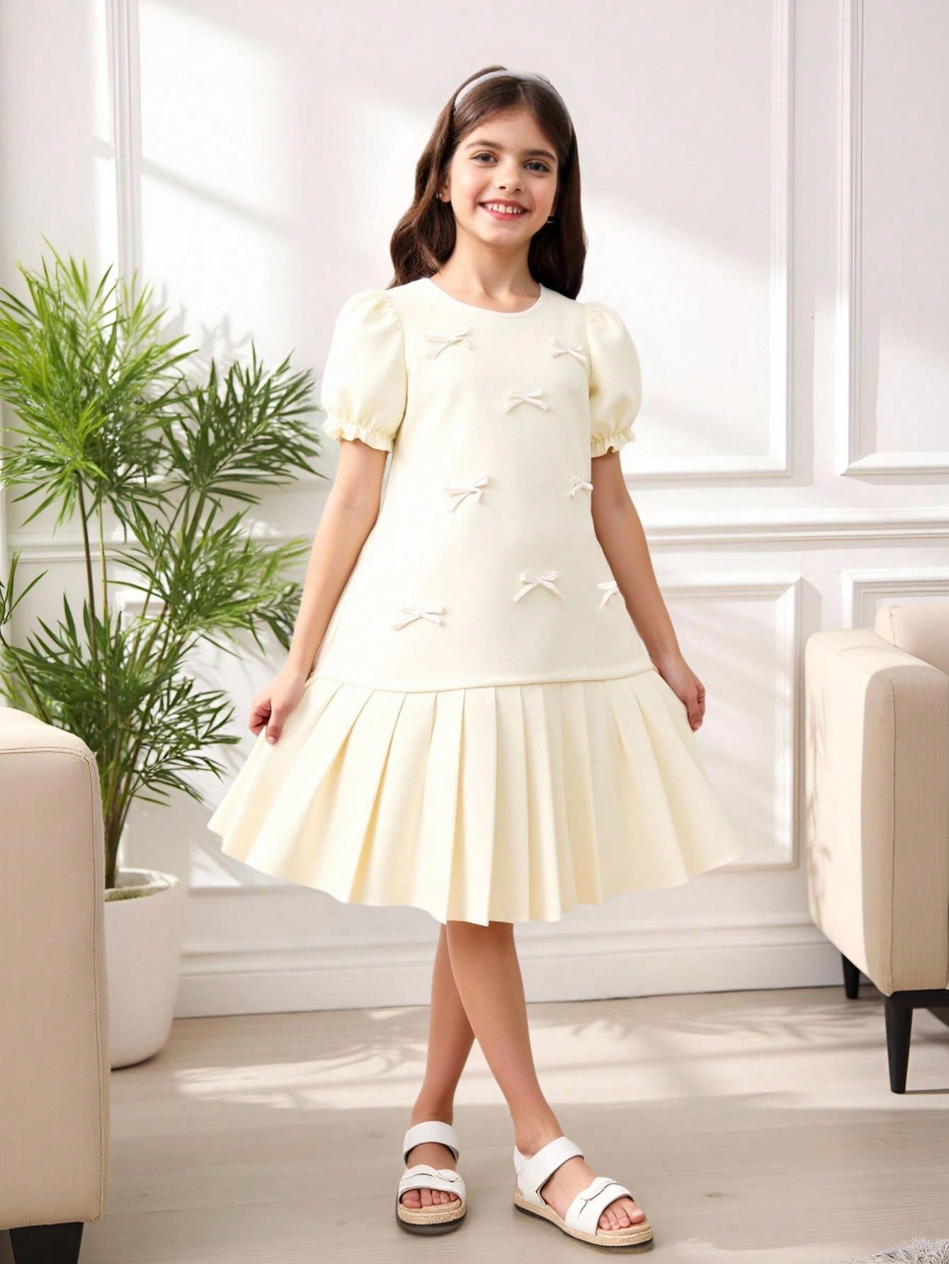 Vestido corto de manga corta con adorno de lazo de tela con textura, falda plisada elegante y lindo, para primavera/verano