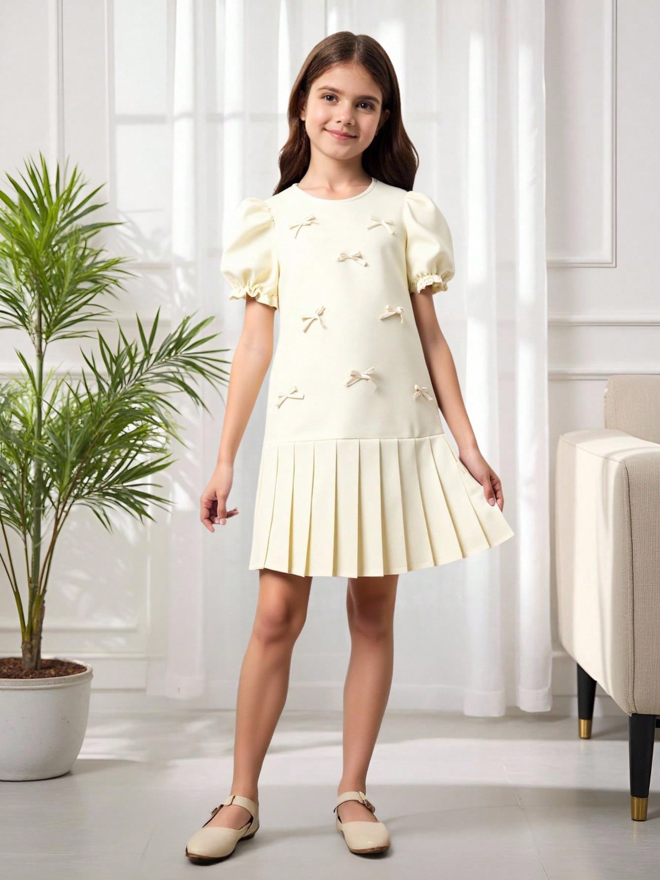 Vestido corto de manga corta con adorno de lazo de tela con textura, falda plisada elegante y lindo, para primavera/verano