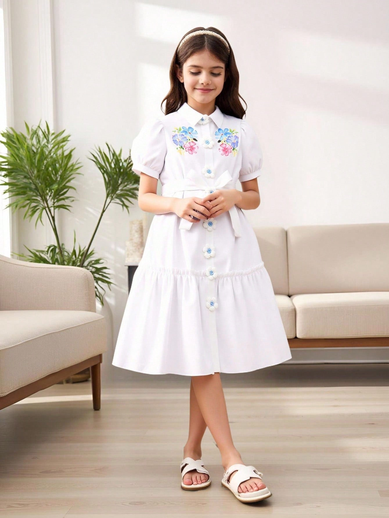 Vestido con estampado floral, cuello, manga abullonada, parte delantera abierta y cinturón