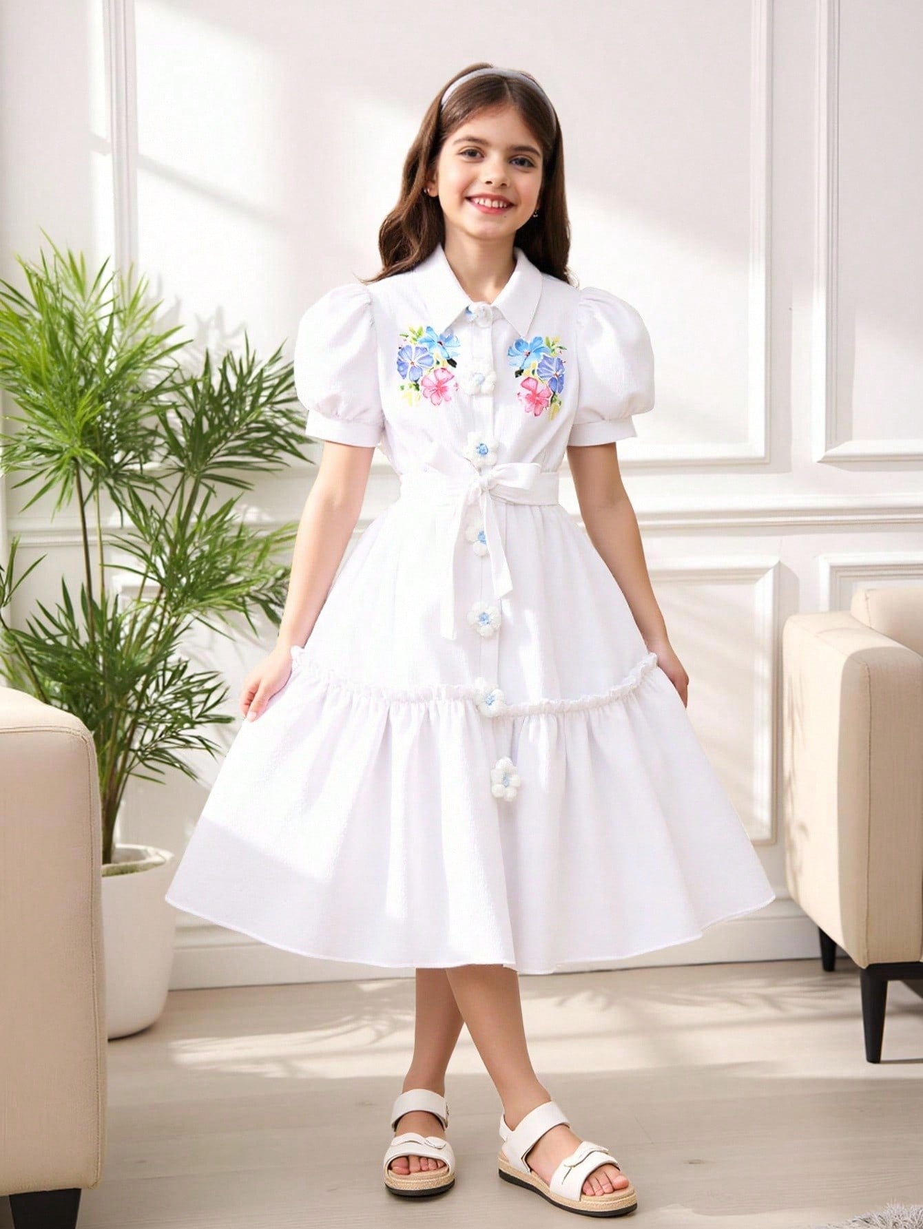 Vestido con estampado floral, cuello, manga abullonada, parte delantera abierta y cinturón