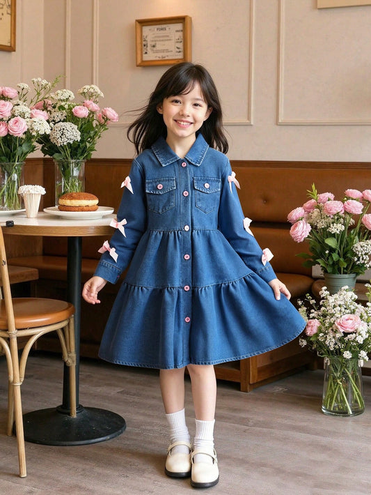 Vestido de mezclilla de moda para niñas, estilo coreano con decoración de lazo lindo, manga larga, botones y longitud hasta la rodilla, para otoño/verano