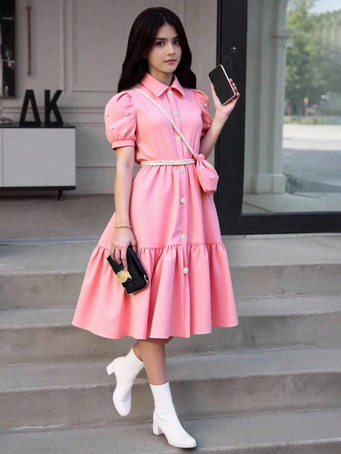 Vestido con chaqueta de manga abullonada, cuello y bolsillo, en unicolor