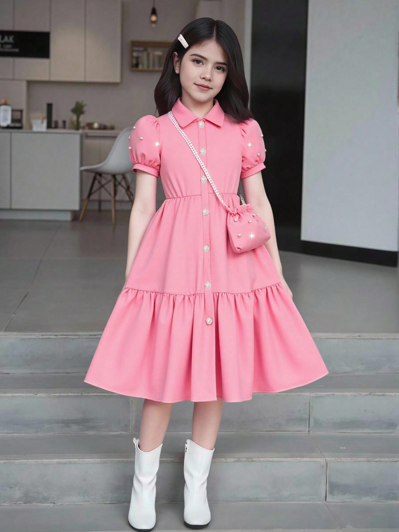 Vestido con chaqueta de manga abullonada, cuello y bolsillo, en unicolor