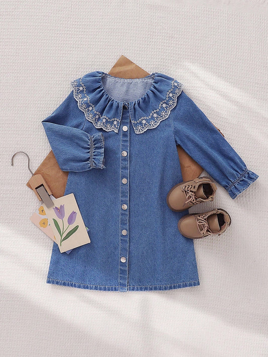 Playful Pals Vestido de mezclilla con cuello con volantes bordados para niñas, elegante y generoso, con mangas abullonadas para un aspecto cómodo y lindo, adecuado para reuniones y uso diario