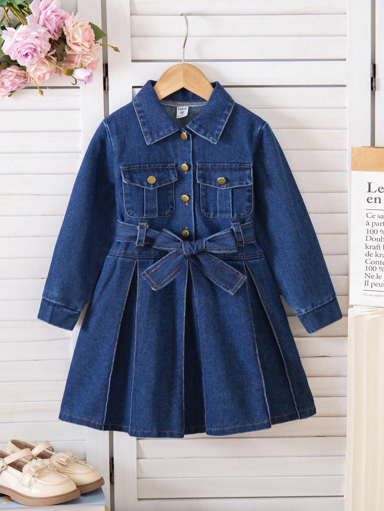 Vestido de mezclilla con bolsillo de carga, cuello de solapa y cinturón a juego, estilo urbano coreano de moda para niñas