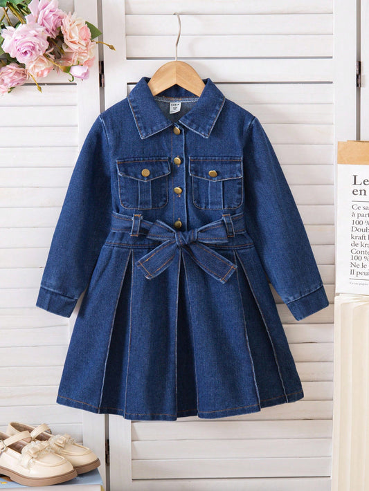 Vestido de mezclilla con bolsillo de carga, cuello de solapa y cinturón a juego, estilo urbano coreano de moda para niñas