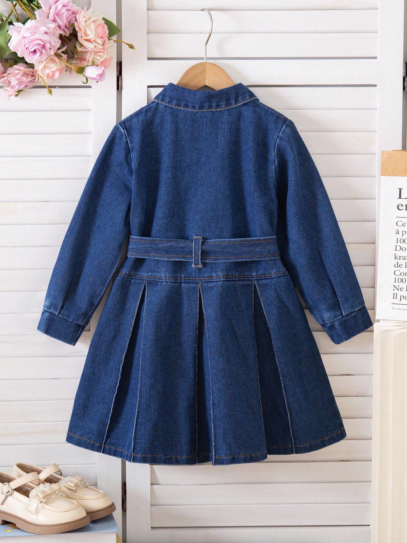 Vestido de mezclilla con bolsillo de carga, cuello de solapa y cinturón a juego, estilo urbano coreano de moda para niñas