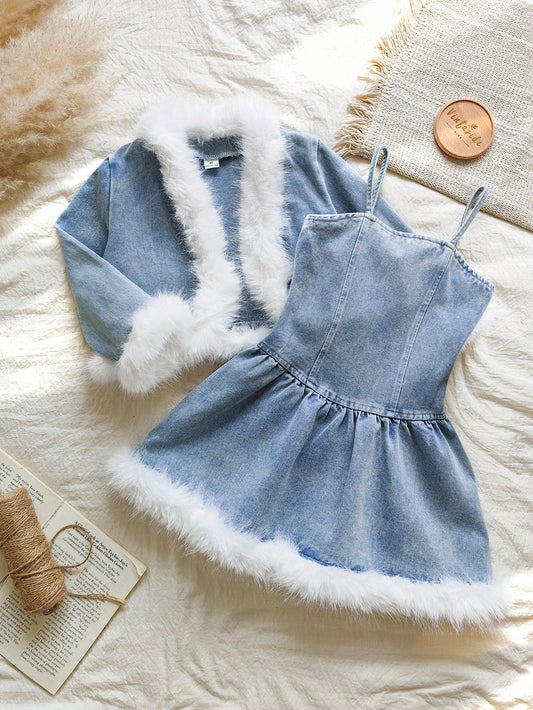 Vintaside Kids Conjunto de 2 piezas de mezclilla para niñas pequeñas, con decoración de peluche, tela de mezclilla suave, adecuado para primavera, otoño e invierno, conjunto de moda casual de chaqueta de mezclilla y vestido de mezclilla a juego