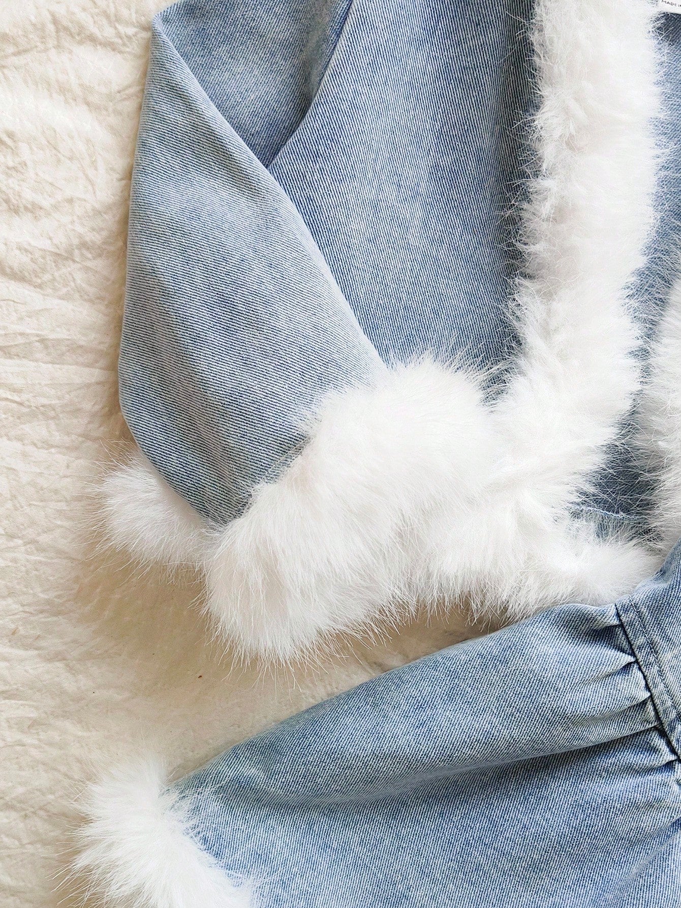 Vintaside Kids Conjunto de 2 piezas de mezclilla para niñas pequeñas, con decoración de peluche, tela de mezclilla suave, adecuado para primavera, otoño e invierno, conjunto de moda casual de chaqueta de mezclilla y vestido de mezclilla a juego