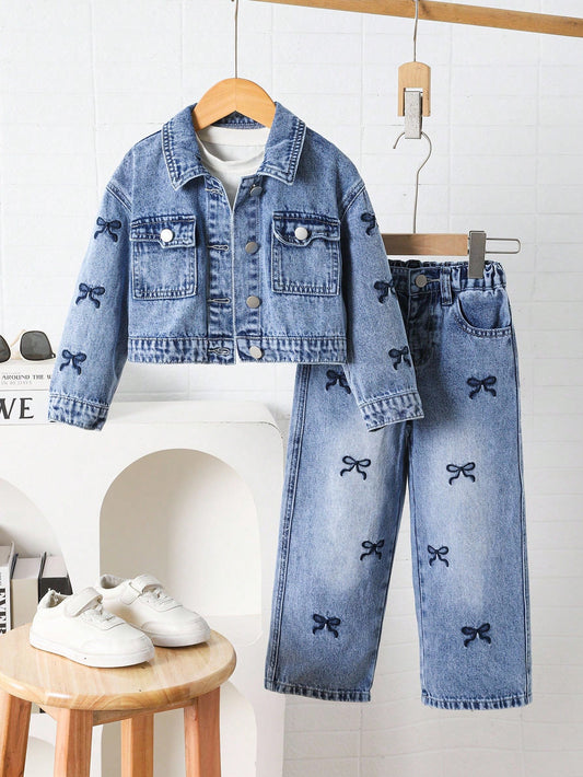 2 piezas Conjunto de niña de mezclilla - Chaqueta de mezclilla con bordado de mariposa + Pantalones de mezclilla de pierna ancha y suelta, Conjunto casual de estilo coreano de moda para niños en otoño/invierno