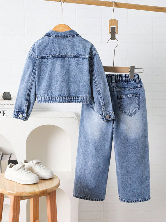 2 piezas Conjunto de niña de mezclilla - Chaqueta de mezclilla con bordado de mariposa + Pantalones de mezclilla de pierna ancha y suelta, Conjunto casual de estilo coreano de moda para niños en otoño/invierno