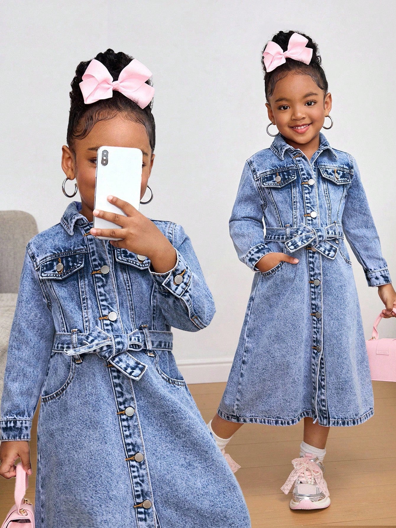 Vestido azul de mezclilla con cuello y manga larga con cinturón para niña joven