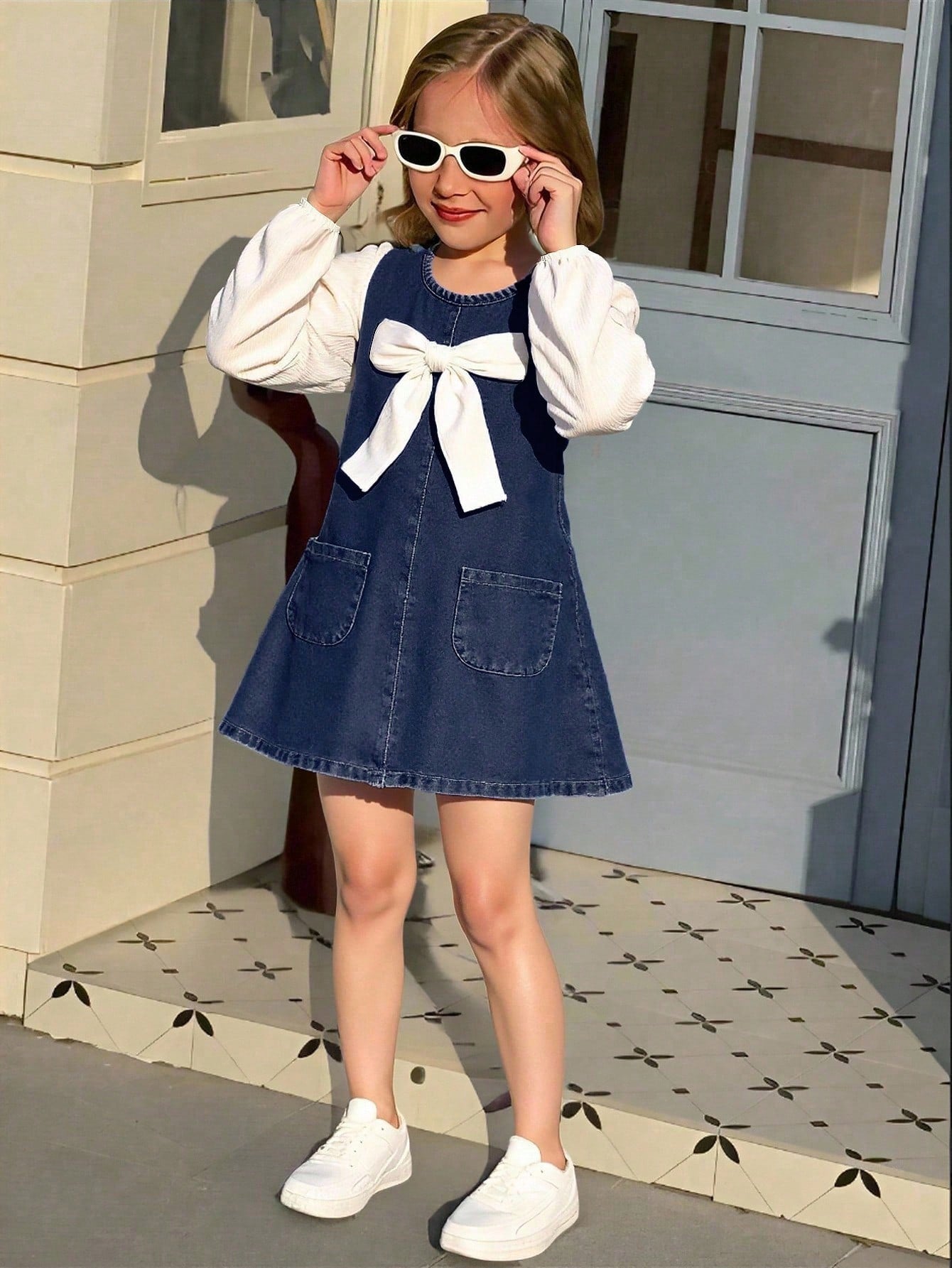 Vestido vaquero para niñas con decoración de lazo, mangas de patchwork, estilo casual y lindo, adecuado para primavera, verano, vacaciones, vuelta al colegio, todo el año