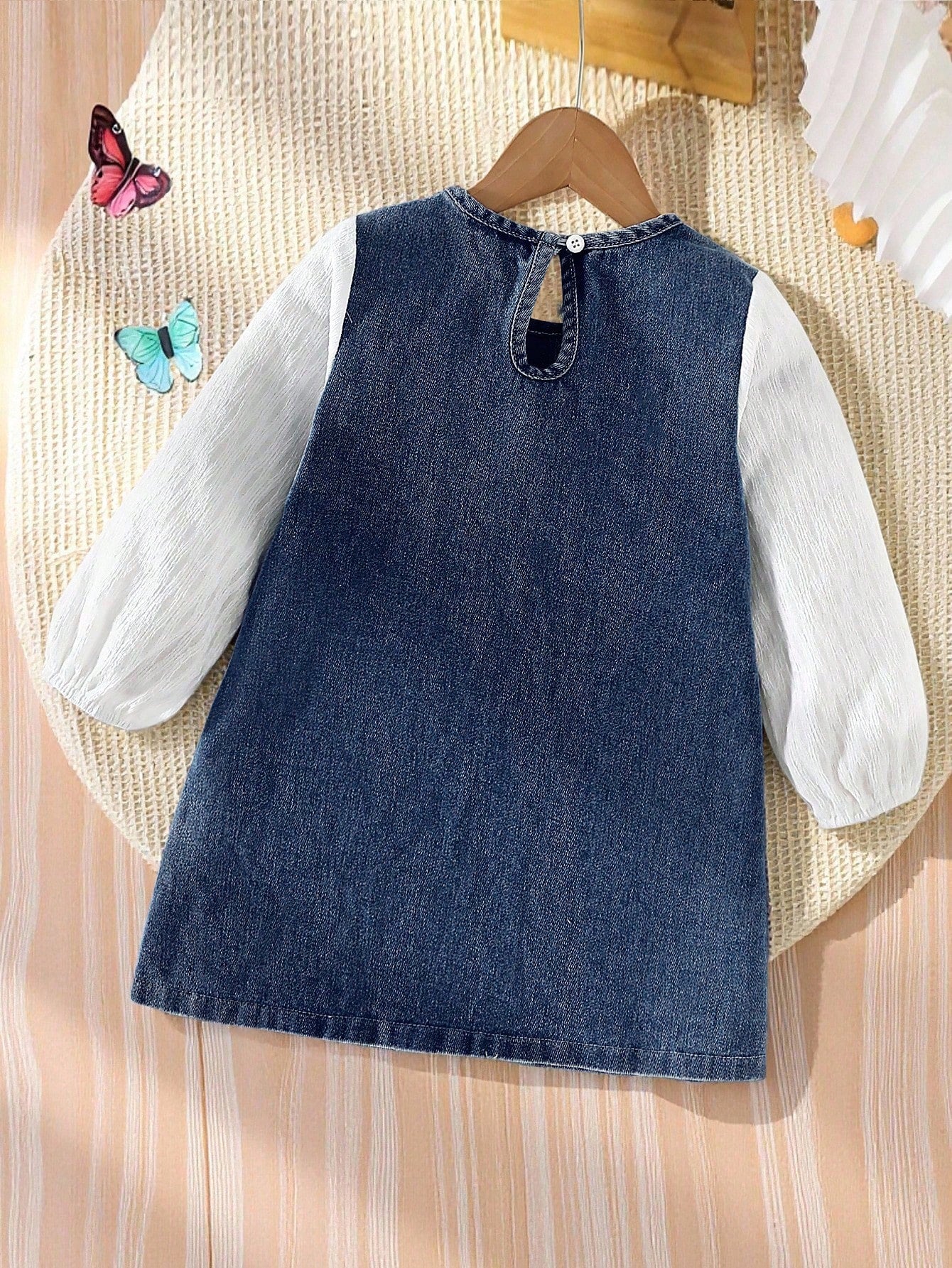 Vestido vaquero para niñas con decoración de lazo, mangas de patchwork, estilo casual y lindo, adecuado para primavera, verano, vacaciones, vuelta al colegio, todo el año