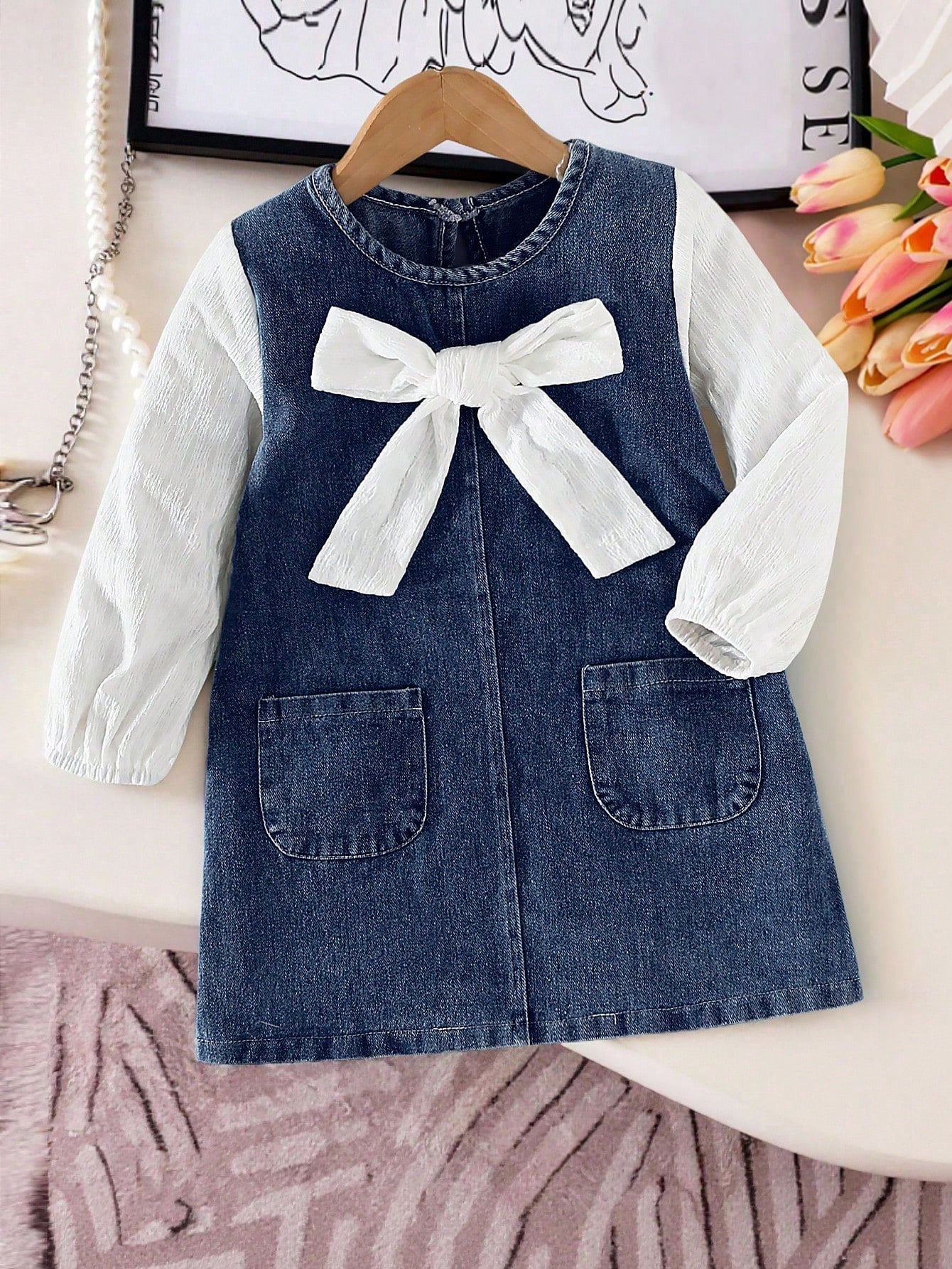 Vestido vaquero para niñas con decoración de lazo, mangas de patchwork, estilo casual y lindo, adecuado para primavera, verano, vacaciones, vuelta al colegio, todo el año