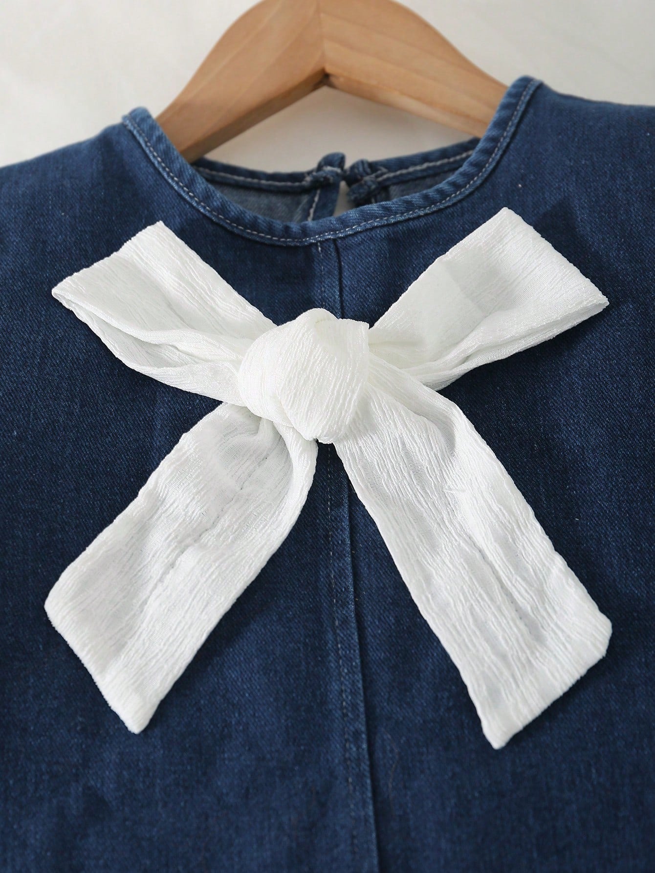 Vestido vaquero para niñas con decoración de lazo, mangas de patchwork, estilo casual y lindo, adecuado para primavera, verano, vacaciones, vuelta al colegio, todo el año