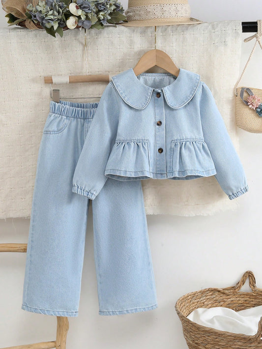 Set de 2 piezas: Blusa con cuello Peter Pan dulce y linda para niñas pequeñas, combinada con pantalones vaqueros azules simples y casuales para exteriores, nueva llegada de otoño/invierno