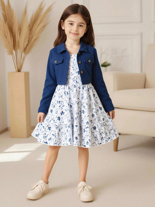 Conjunto Chaqueta de manga larga con cuello de solapa y Vestido de tirantes con estampado floral temporada primavera/otoño