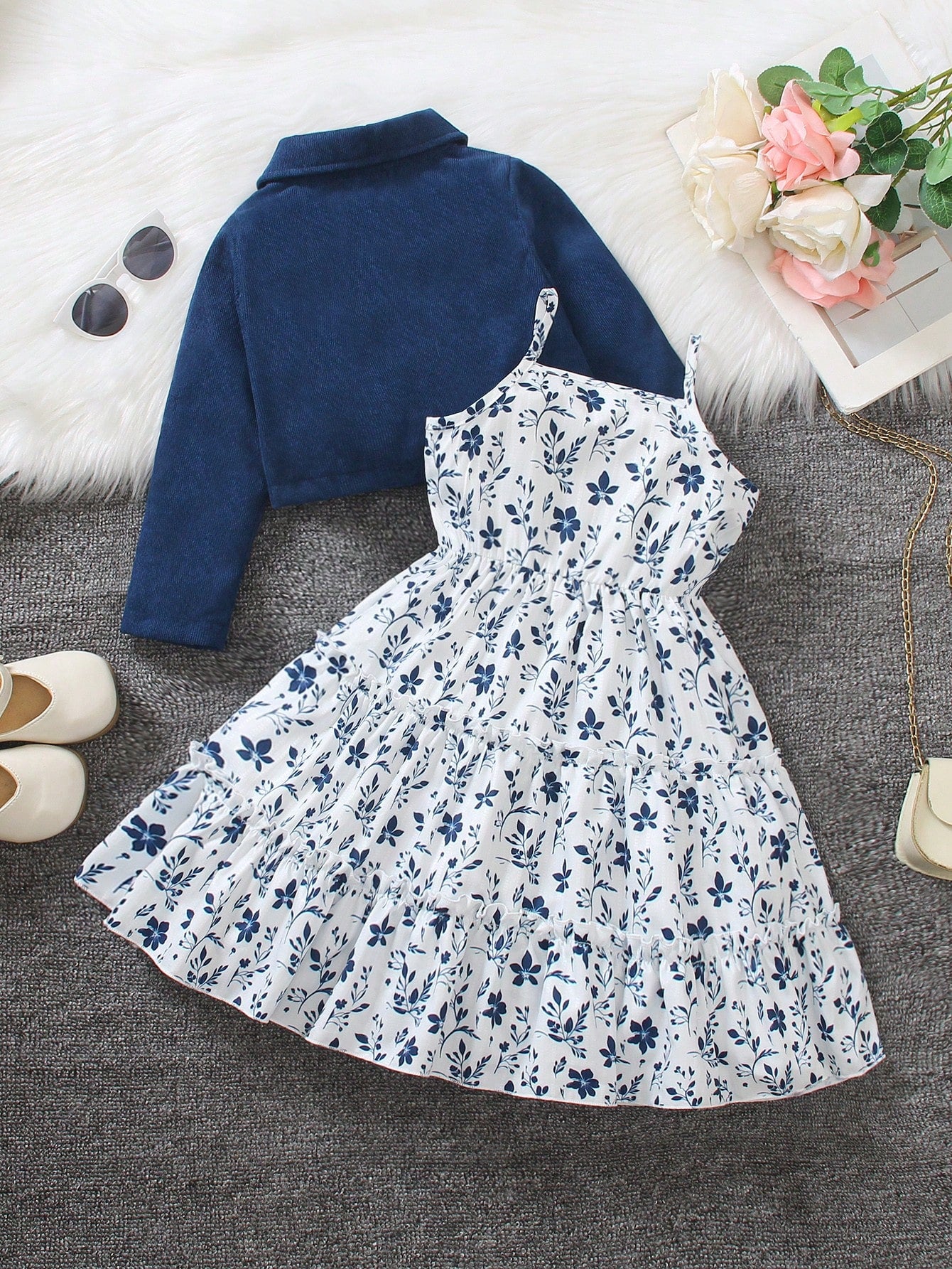 Conjunto Chaqueta de manga larga con cuello de solapa y Vestido de tirantes con estampado floral temporada primavera/otoño