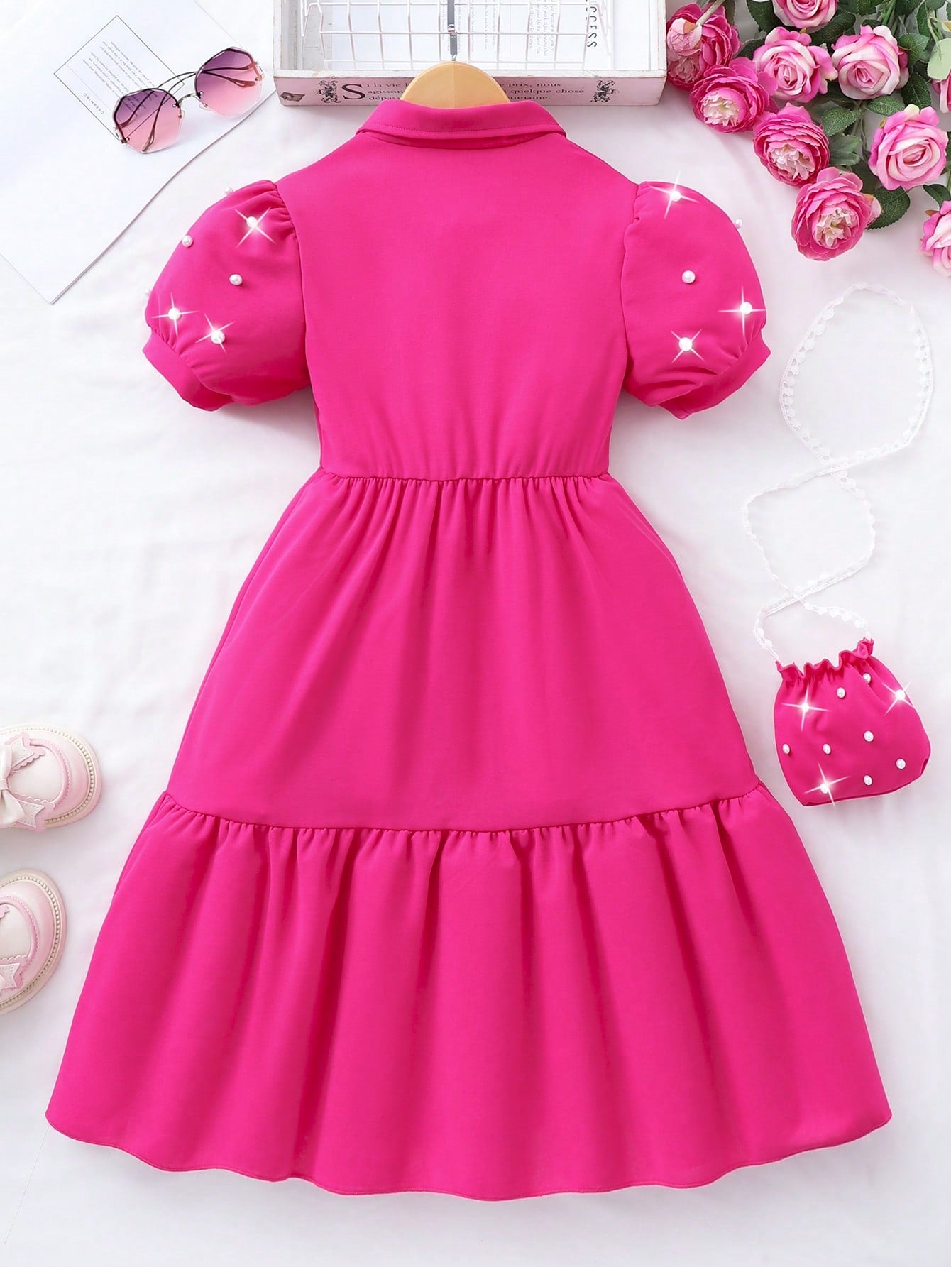 Vestido con chaqueta de manga abullonada, cuello y bolsillo, en unicolor