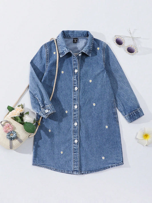 Vestido camisero vaquero suelto y cómodo con bordado de margaritas, versátil y casual para vacaciones de niña joven