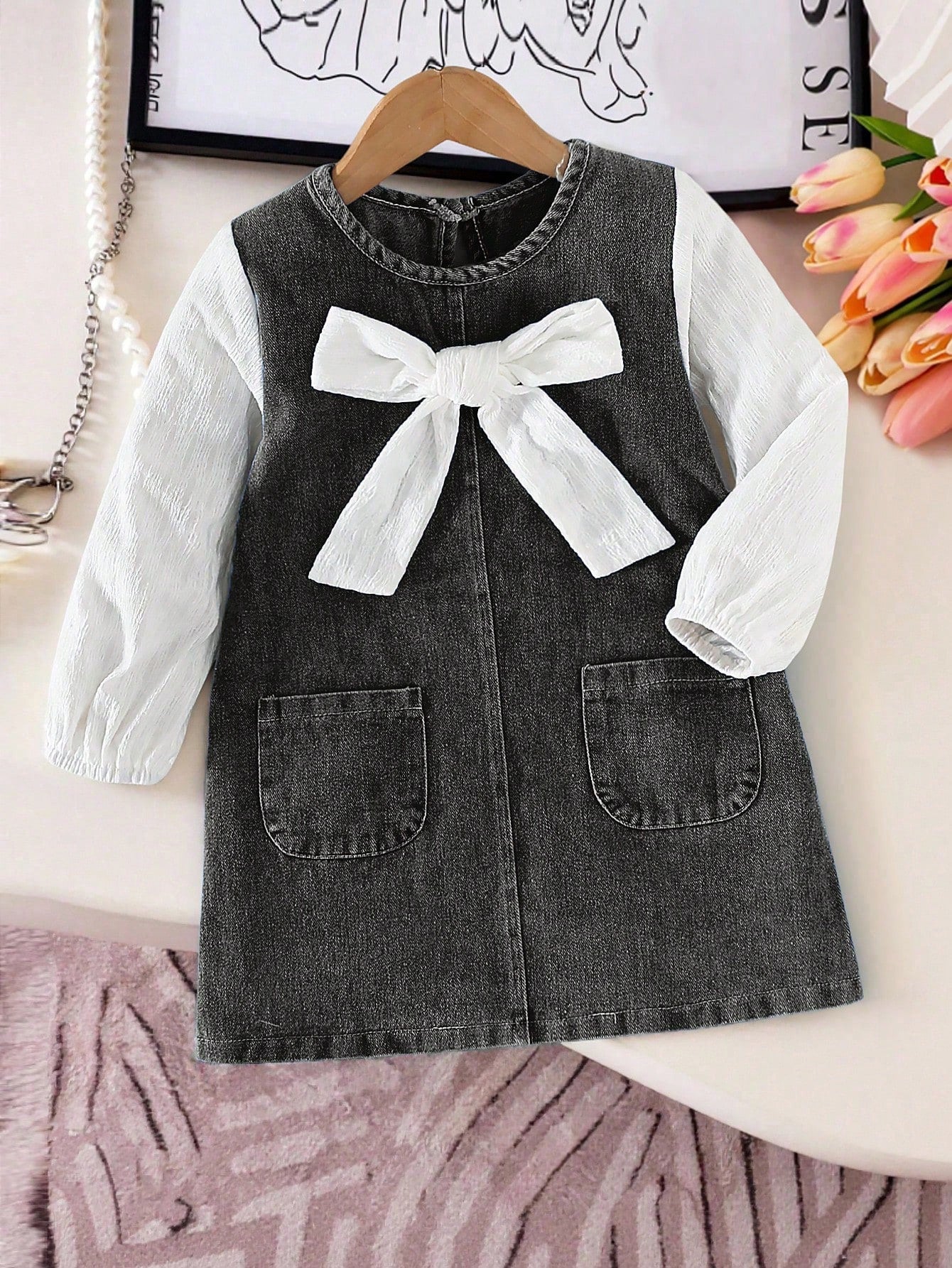 Vestido vaquero para niñas con decoración de lazo, mangas de patchwork, estilo casual y lindo, adecuado para primavera, verano, vacaciones, vuelta al colegio, todo el año