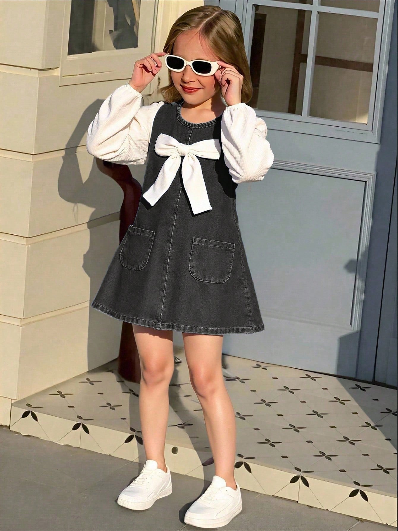 Vestido vaquero para niñas con decoración de lazo, mangas de patchwork, estilo casual y lindo, adecuado para primavera, verano, vacaciones, vuelta al colegio, todo el año