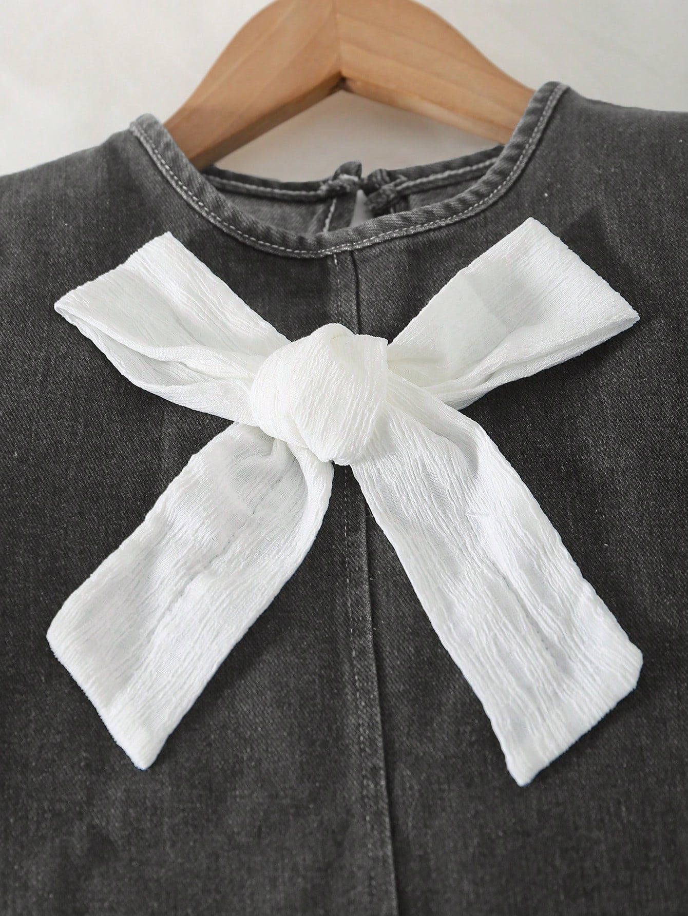 Vestido vaquero para niñas con decoración de lazo, mangas de patchwork, estilo casual y lindo, adecuado para primavera, verano, vacaciones, vuelta al colegio, todo el año