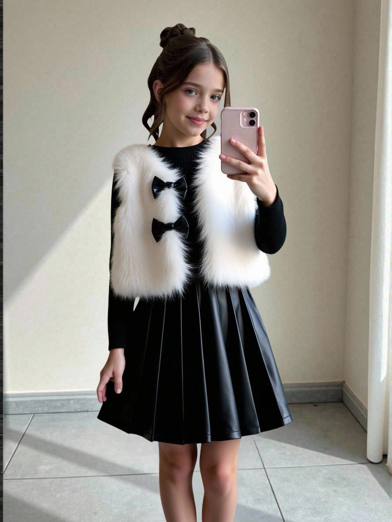 Set de 3 piezas: Chaleco marrón con textura de peluche y lazo, camiseta a juego y falda plisada de PU