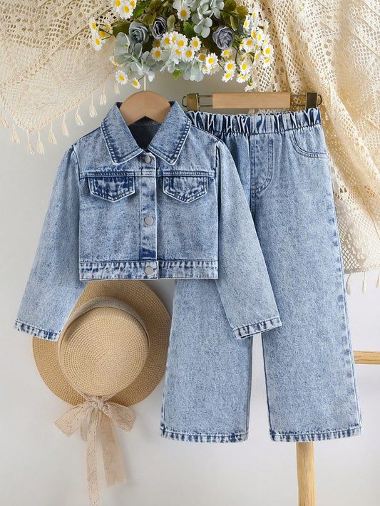 2 piezas Conjunto informal para niñas, chaqueta de camisa de mezclilla con cuello de lazo y copos de nieve cómoda y linda, y pantalones de mezclilla rectos y sueltos de pierna larga y vintage