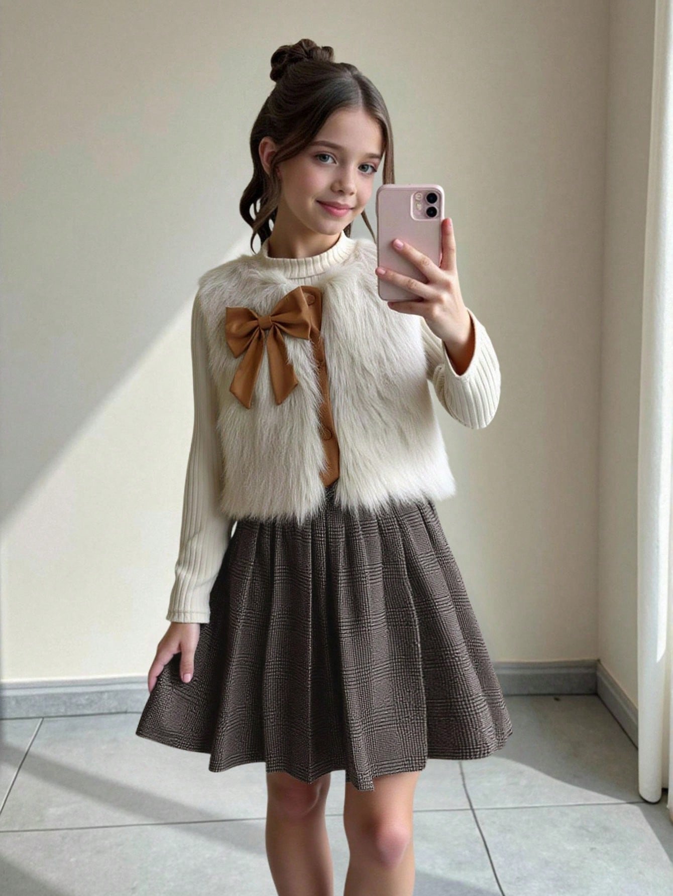 Set de 3 piezas: Chaleco marrón con textura de peluche y lazo, camiseta a juego y falda plisada de PU