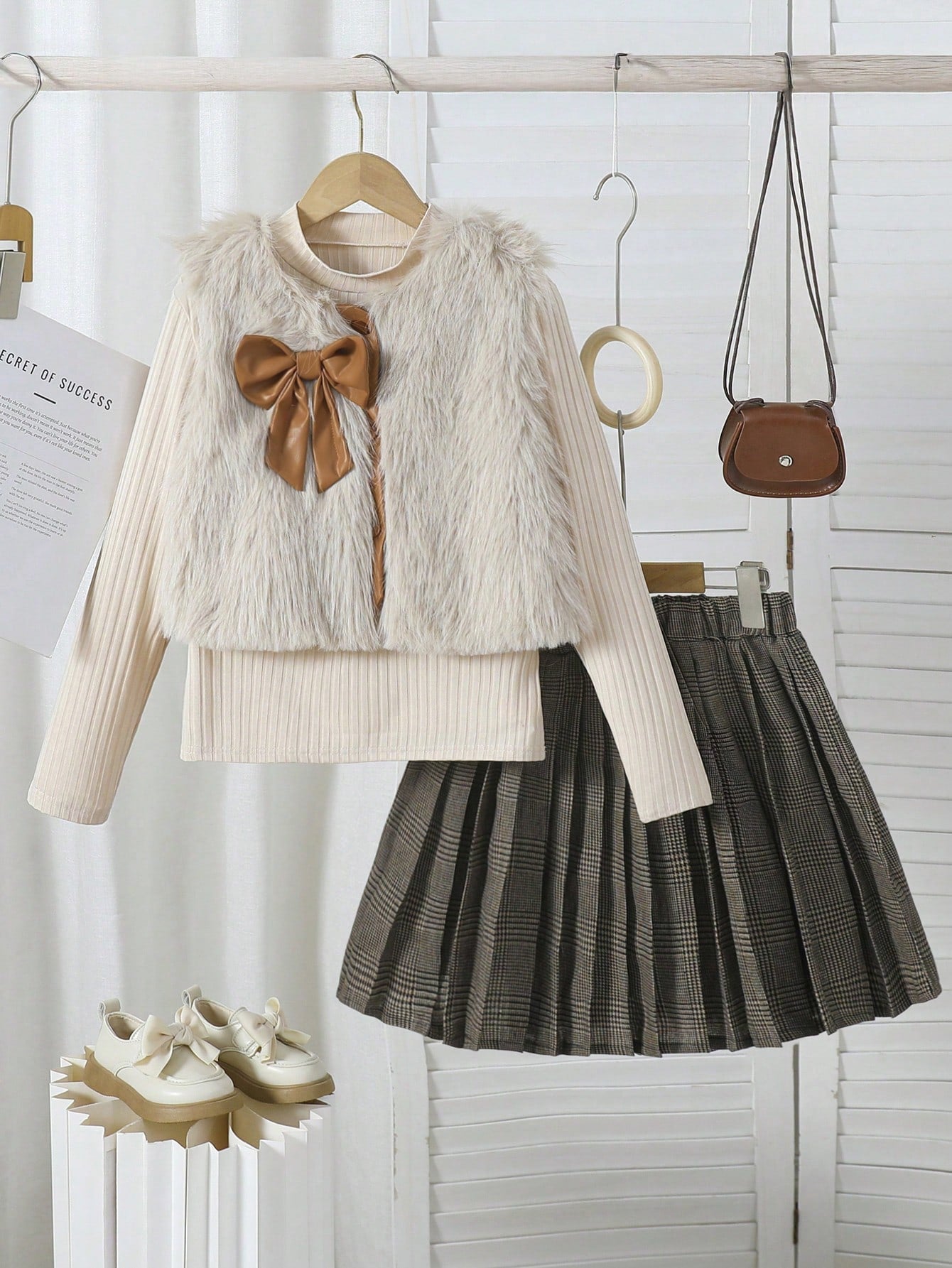 Set de 3 piezas: Chaleco marrón con textura de peluche y lazo, camiseta a juego y falda plisada de PU