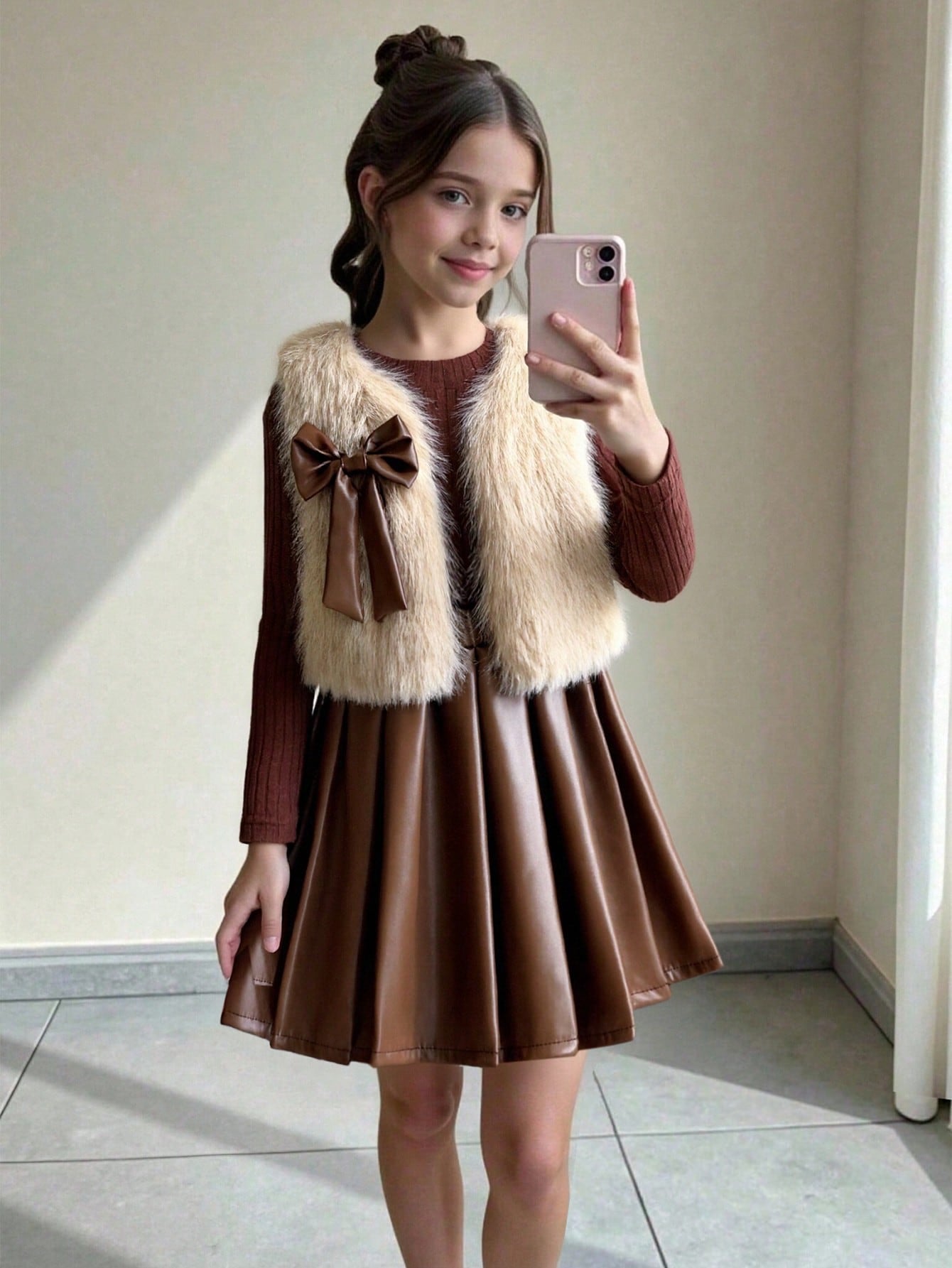 Set de 3 piezas: Chaleco marrón con textura de peluche y lazo, camiseta a juego y falda plisada de PU