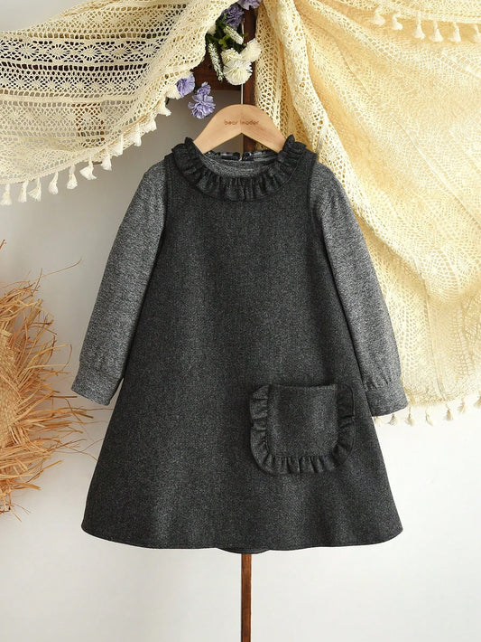 Young Girls Winter 2 Pieces Clothes Sets Solid Color Long Sleeves Basic Tops and Lace Vest Dress Casual Wear