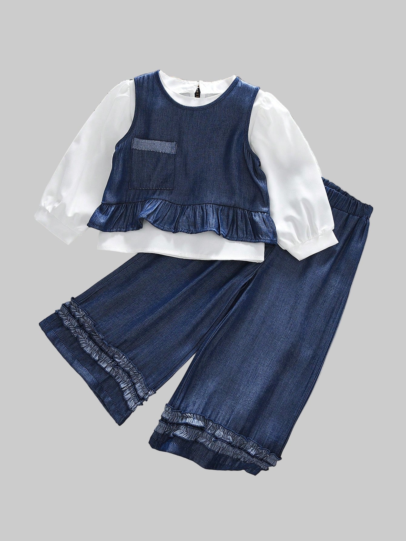 3 Pieces Fall Denim-Effect Pocket Sleeveless Top and White Long Sleeves Shirt & Solid Color Wide Leg Pants for Young Girls' Spring Clothes Sets