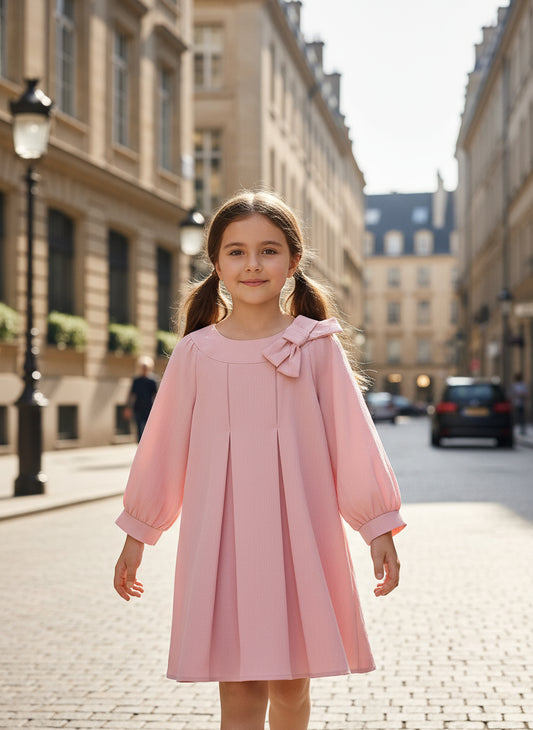 Young Girls Plain Cute Bow Pink Dress Fall and Spring Long Sleeve Pleated Casual Wear Clothes 3 to 7 Years