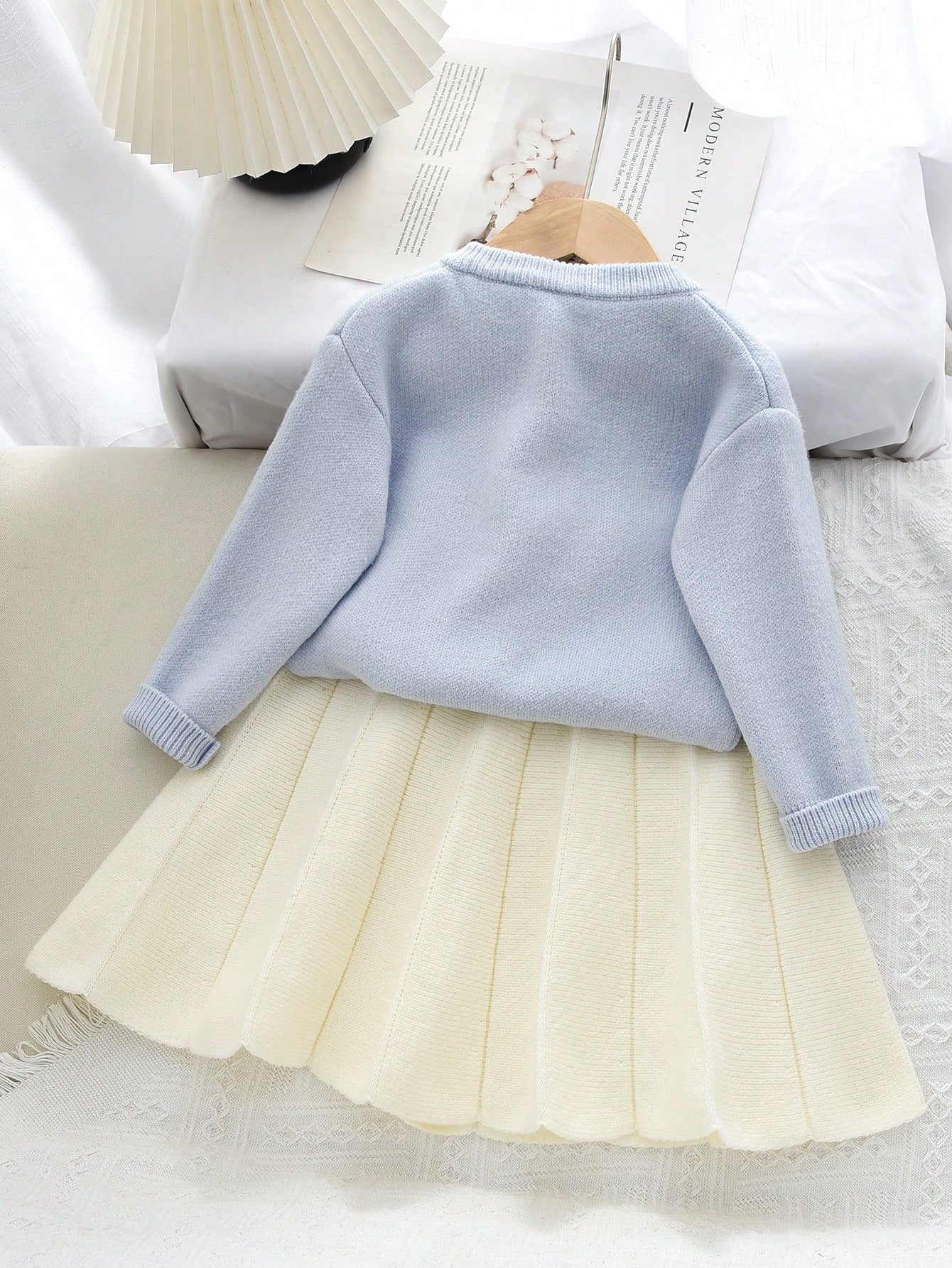 2Pcs/Set Young Girl Cute Long Sleeve Fruit Print Top and Pleated Skirt Set, Autumn/Winter
