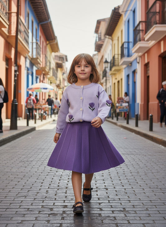 2Pcs/Set Young Girl Cute Long Sleeve Fruit Print Top and Pleated Skirt Set, Autumn/Winter