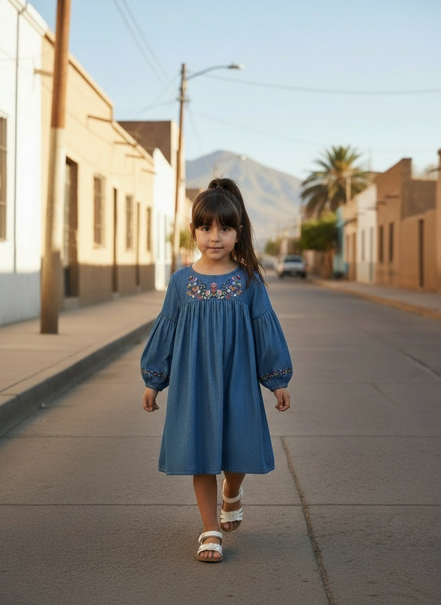 Young Girls' Denim-Effect Long Sleeves Floral Embroidered Dress Fall and Spring Clothes for Young Girl Casual Wear