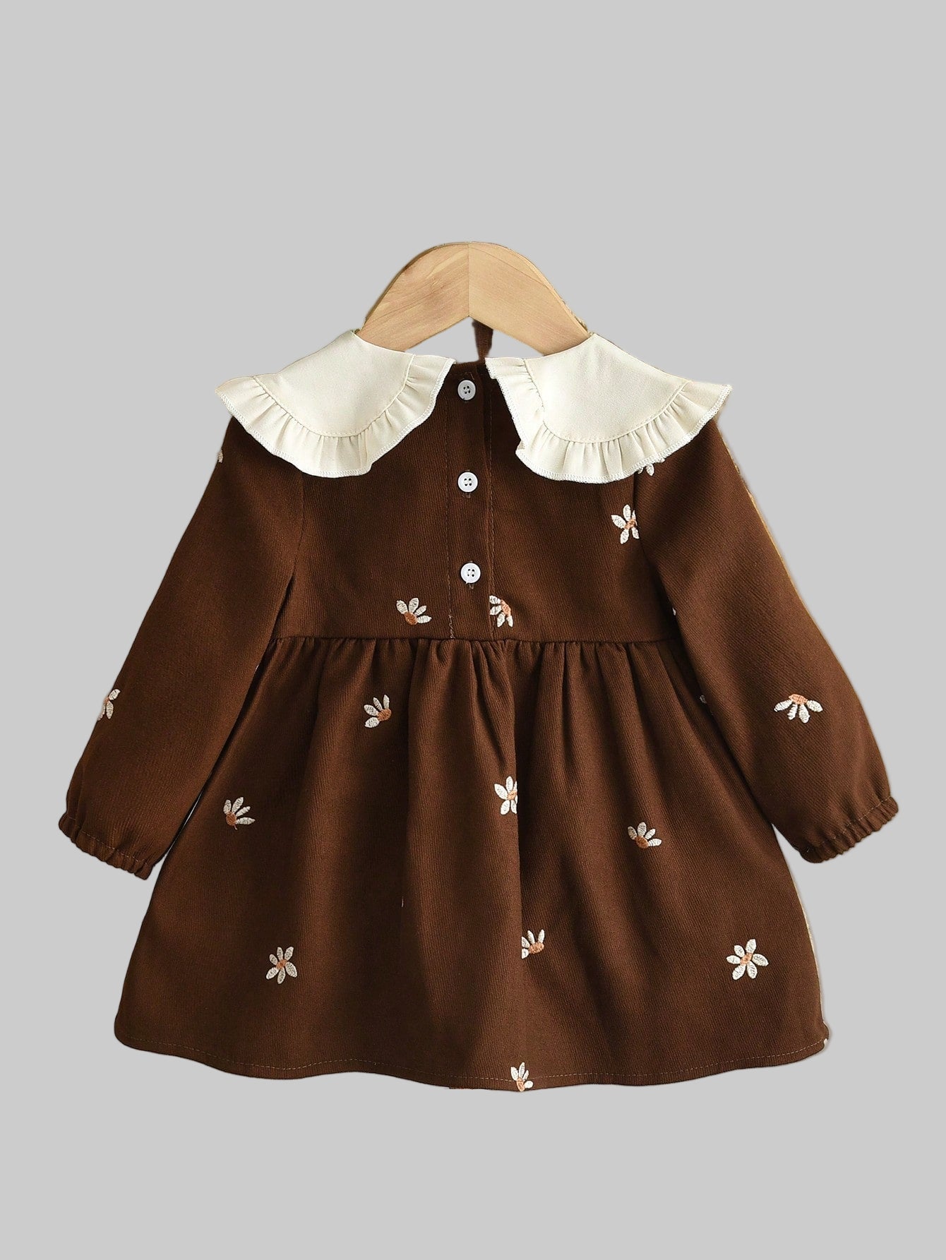 Baby Girls Fall Flower Embroidered Long Sleeves Dress Fashion Turn-Down Collar Toddler Clothes from 6 Months to 3 Years Old