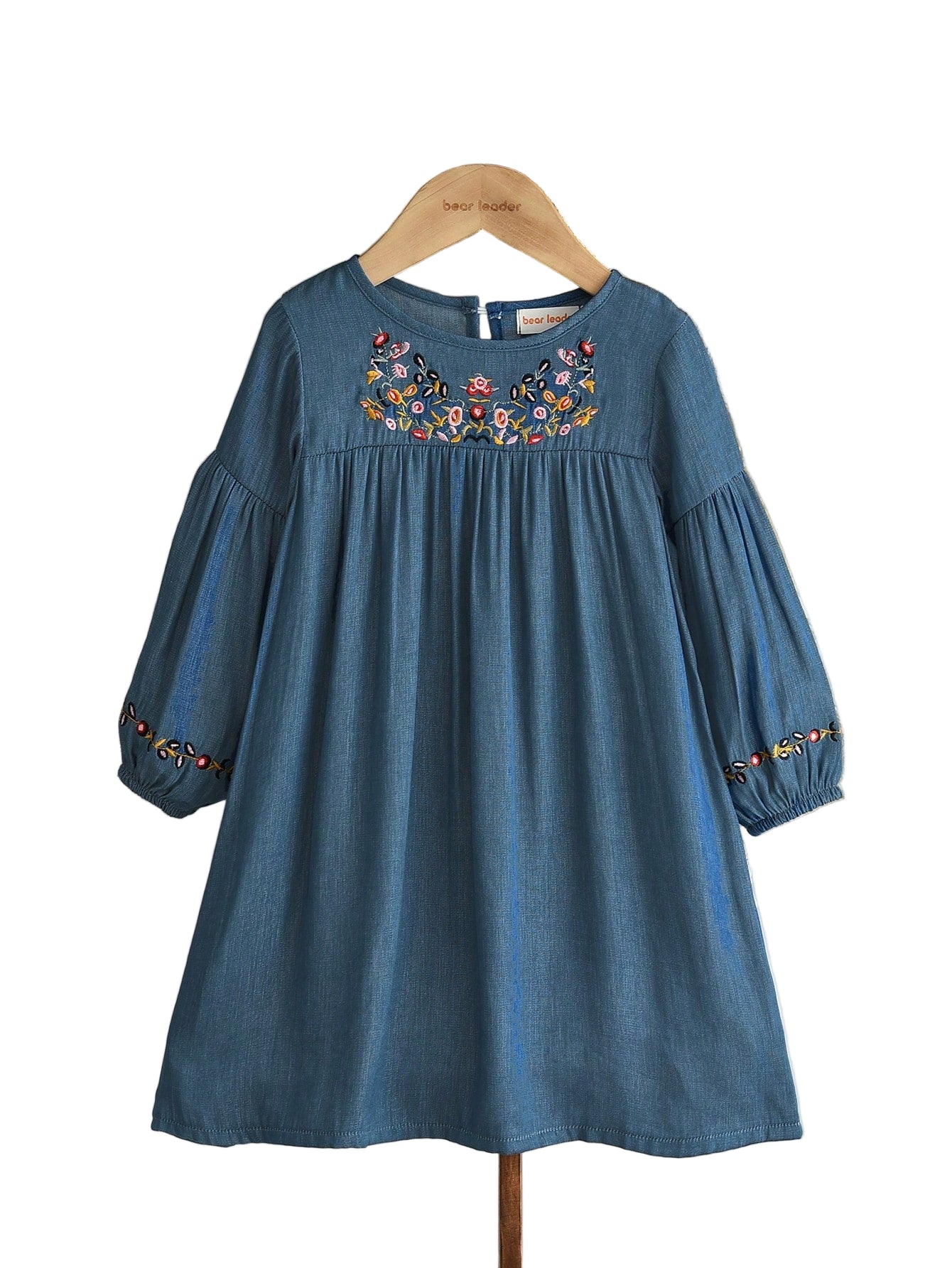 Young Girls' Denim-Effect Long Sleeves Floral Embroidered Dress Fall and Spring Clothes for Young Girl Casual Wear