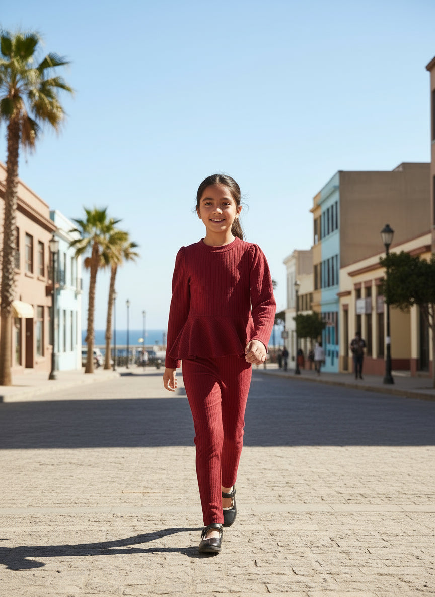 Young Girls Fashion Wine Red Long Sleeves Tops and Pants 2 Pieces Fall Spring Clothing Sets 3 to 7 Years