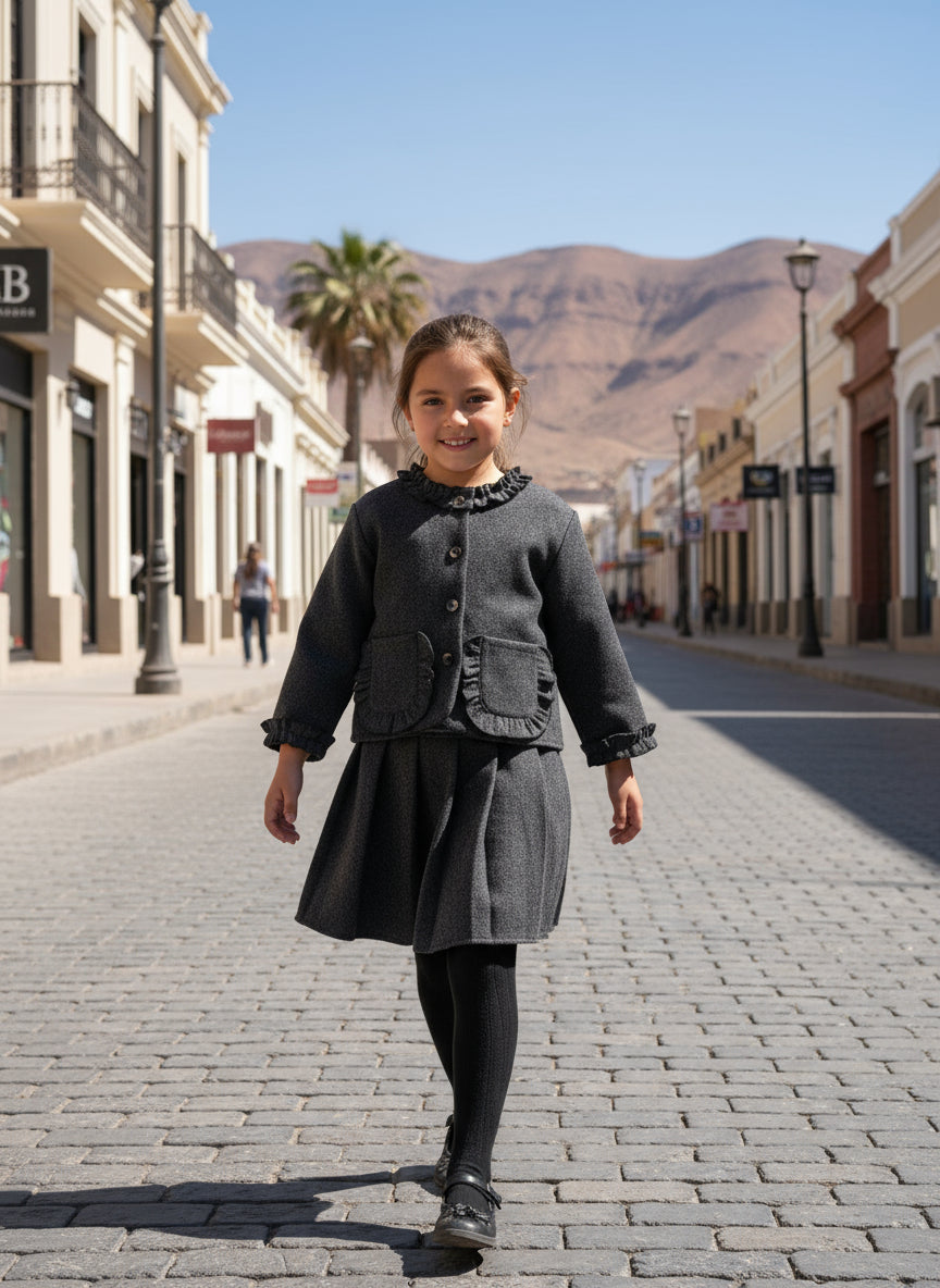 Winter Two Pieces Clothes Sets for Young Girls' Grey Tweed Long Sleeves Single Breasted Pocket Coat and Pleated Skirt for Young Girl Suits