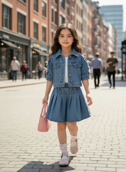 Young Girl Casual Cute Color-Block Short Sleeve Button-Up Top with Bow Detail and Pleated Denim Skirt Set