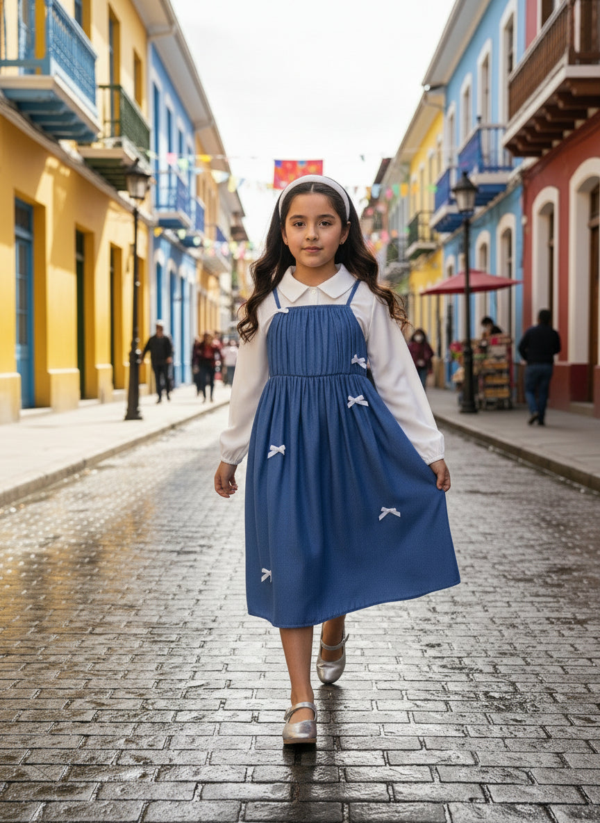 Tween Girls Dresses Sets Fall White Long Sleeves Shirt Jacket and Cute Bow Denim-Effect Lip Vestidoes 2 Pieces Fashion Clothes