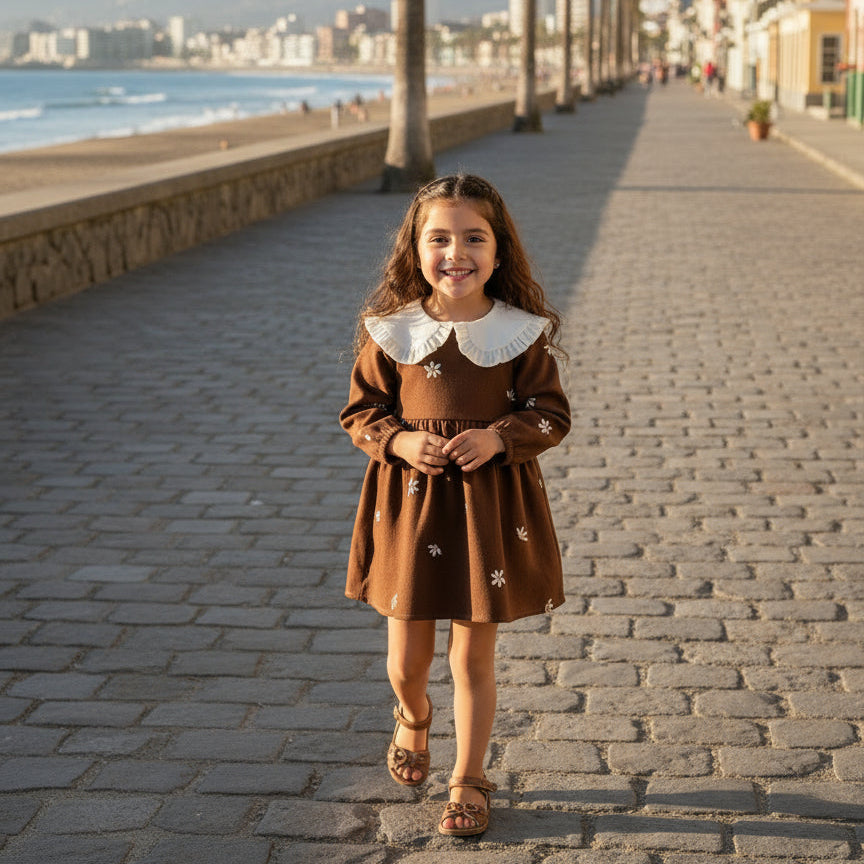 Baby Girls Fall Flower Embroidered Long Sleeves Dress Fashion Turn-Down Collar Toddler Clothes from 6 Months to 3 Years Old