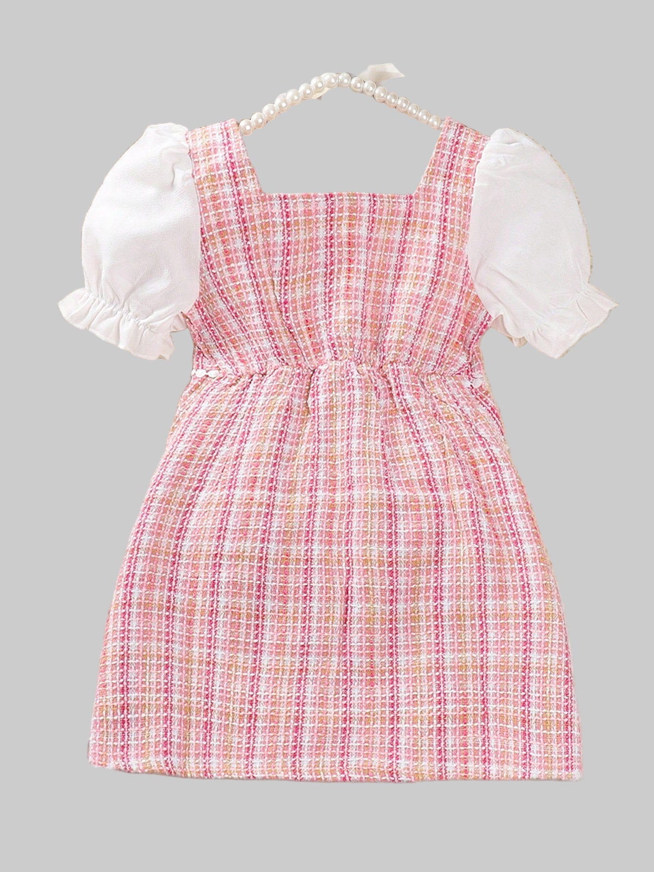 Young Girl Elegant Puff Sleeve Plaid Dress with Pearl Button, Summer